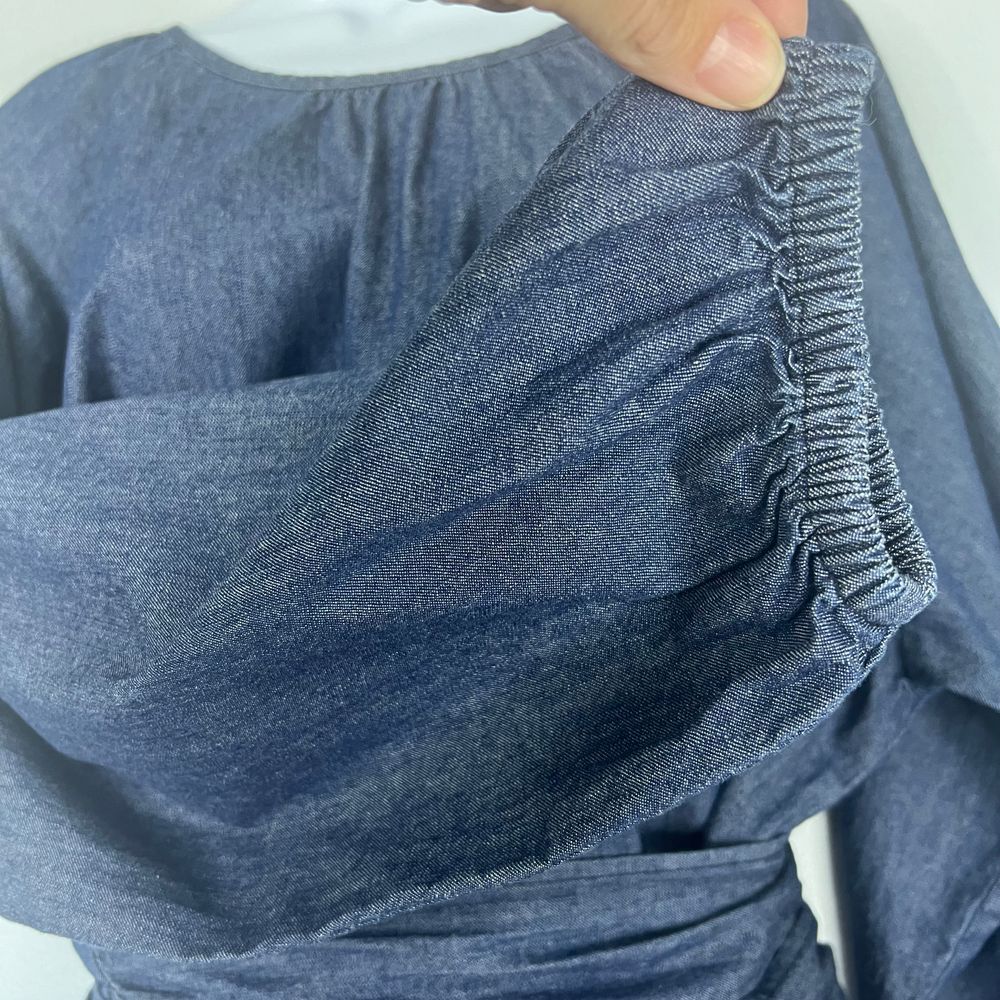 Eloquii Denim-Look Tie-Waist Peasant Blouse in Dark Blue - Picture 7 of 14